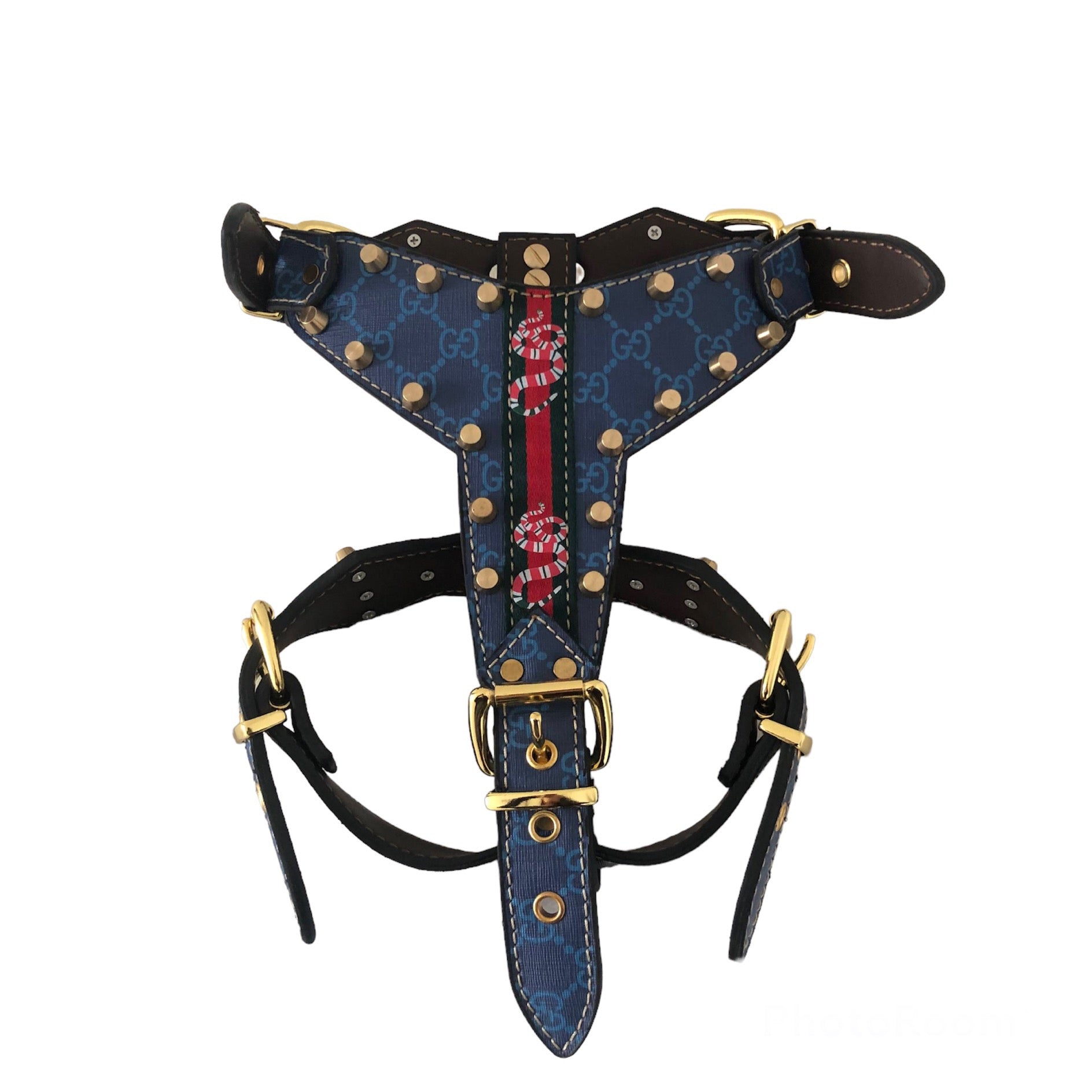 Blue GG studded harness/leash/collar set