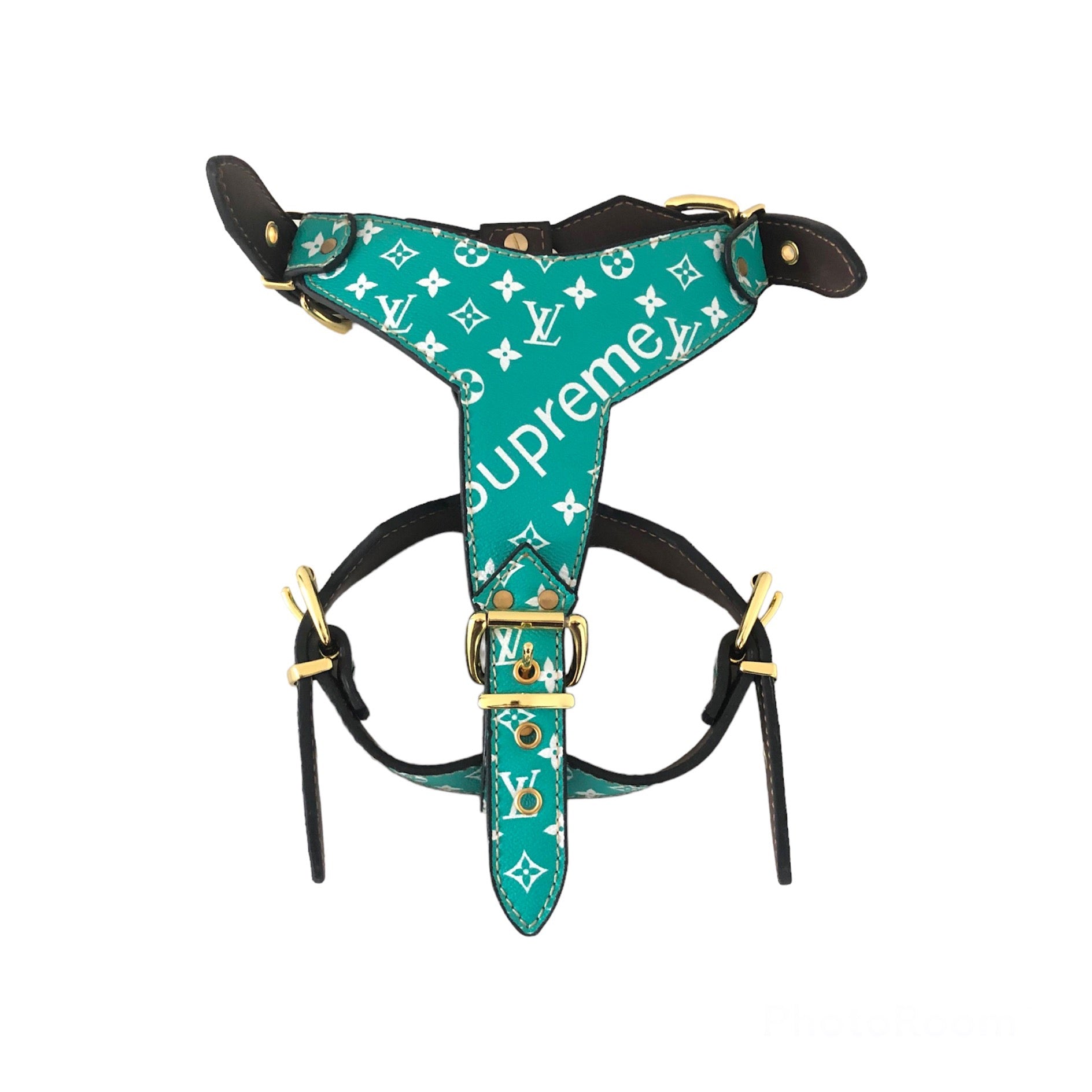 Teal LV x SUPREME harness/collar/leash set – The Frenchie Shop